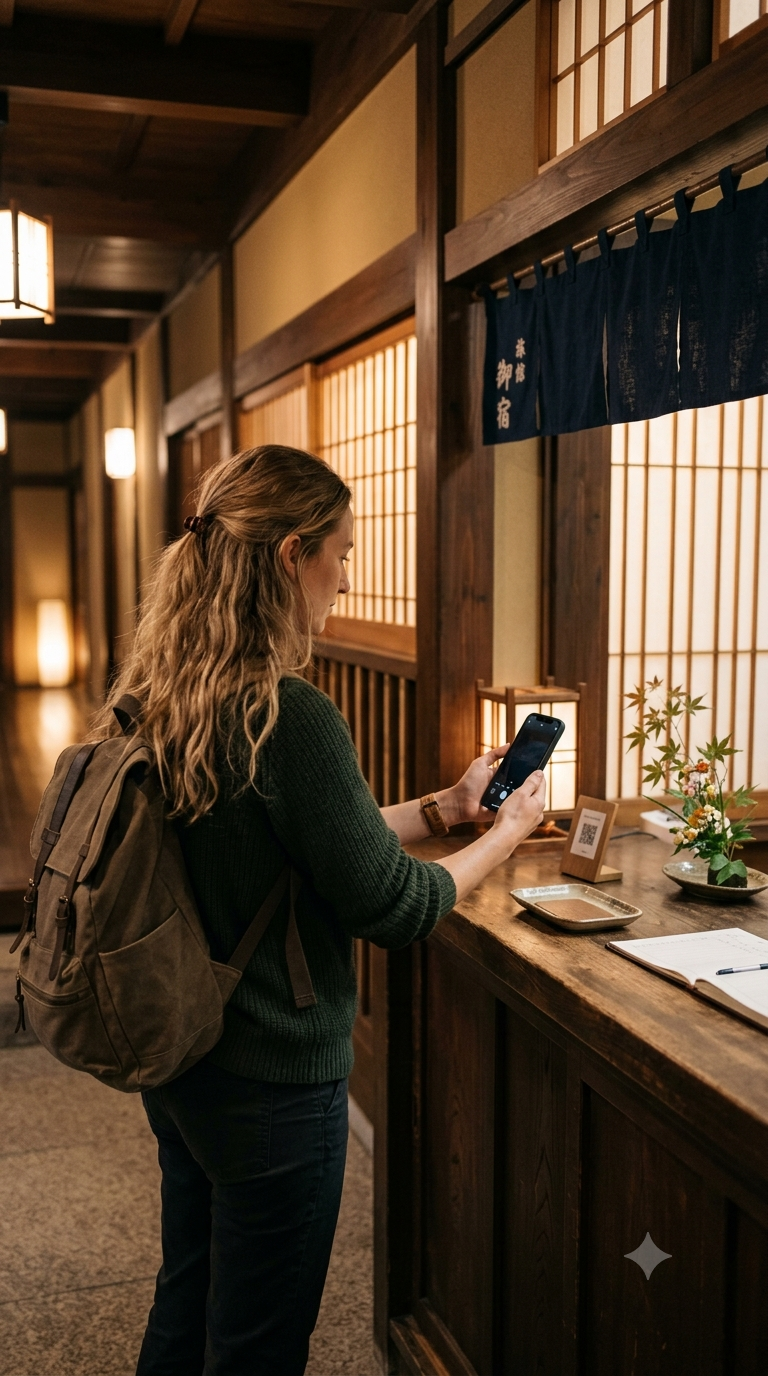 Scanning the QR code at the ryokan front desk