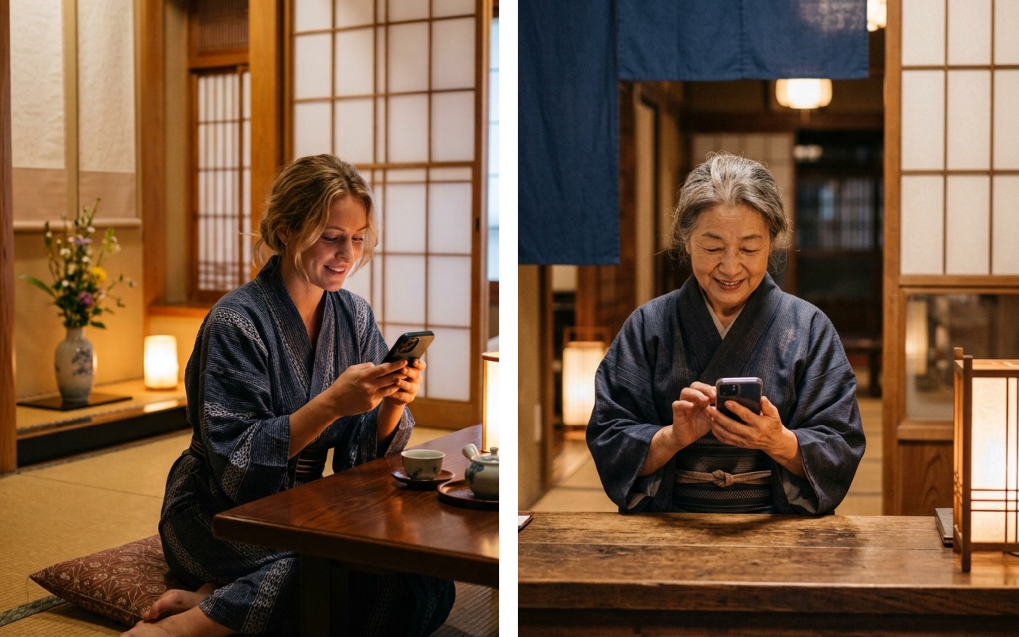 お部屋でスマホを使う外国人のお客様と、受付でスマホにお返事する女将